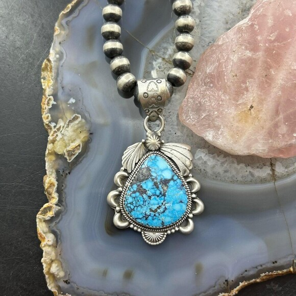 Sterling Silver Southwestern Style Wide Teardrop Kingman Turquoise Pendant - Picture 2 of 10